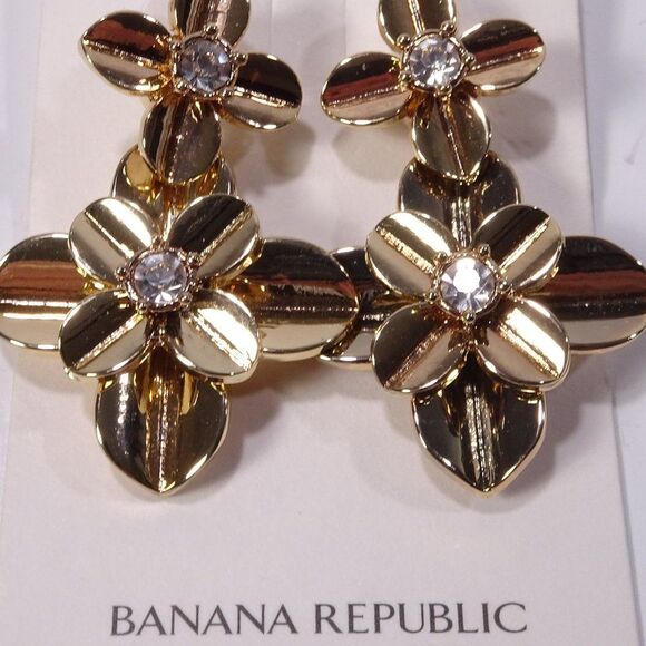 Banana Republic Shiny Gold METALS Petal Flower Crystal Drop Earrings NWT 58 - Picture 2 of 8